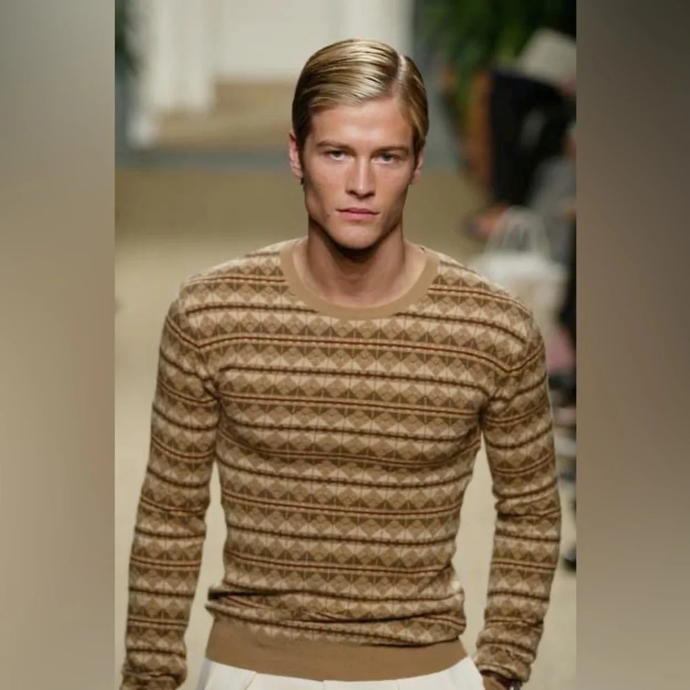 Ralph Lauren Purple Label Tan Multi Fair isle  Geometric V-Neck Sweater Vest